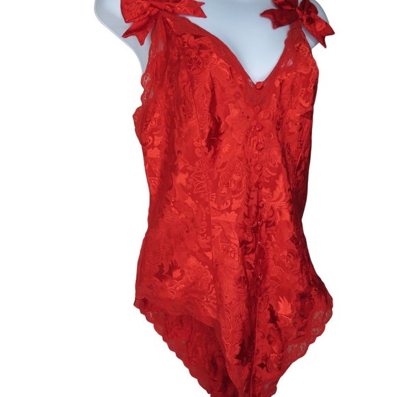 Victorias Secret Gold Label Red Satin Brocade Teddy One Piece M Valentines Bows - Picture 6 of 13